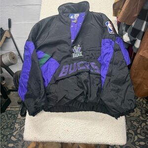 Vintage Starter Milwaukee Bucks NBA Pullover winter Jacket Black & Purple Sz XL